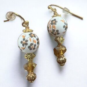 Brown Flower Porcelain Beaded Earrings with Topaz Glass Bead Flower Bead Earring